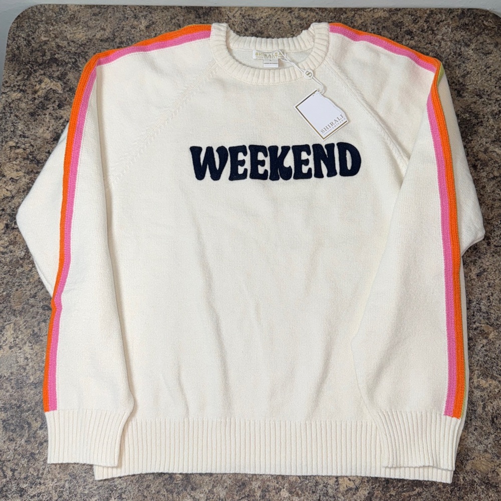 Shiraleah Cream "WEEKEND" Pullover Sweater Retro Rainbow Sleeves Size L NWT! - Picture 9 of 16